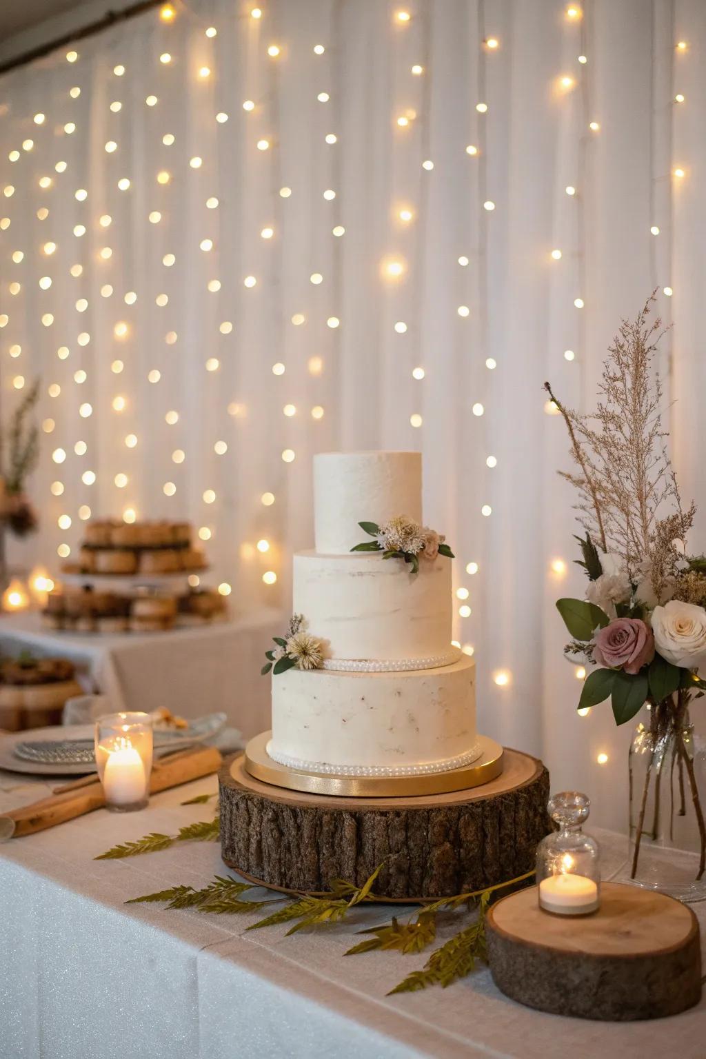 Create a magical atmosphere with twinkling fairy lights that set the mood. ✨ #WeddingMagic #FairyLights #CakeBackdrop
