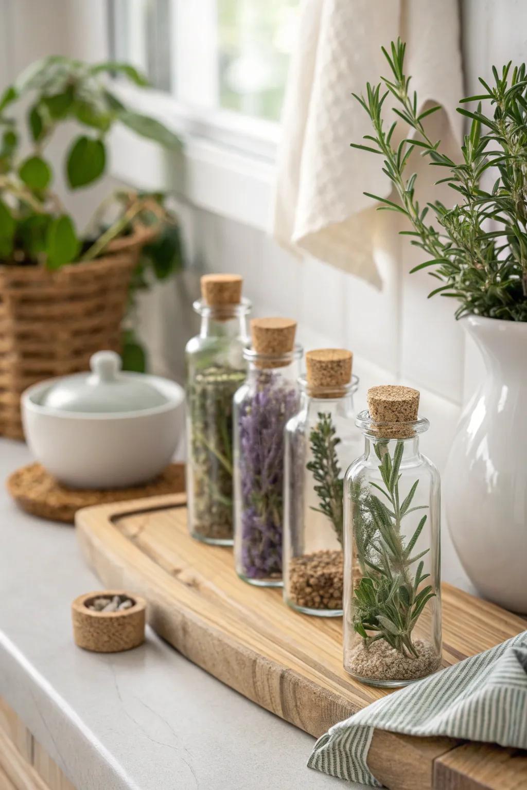 Infuse your space with natural fragrances using herb-filled mini bottles. 🌿 #HerbalDecor #KitchenInspiration