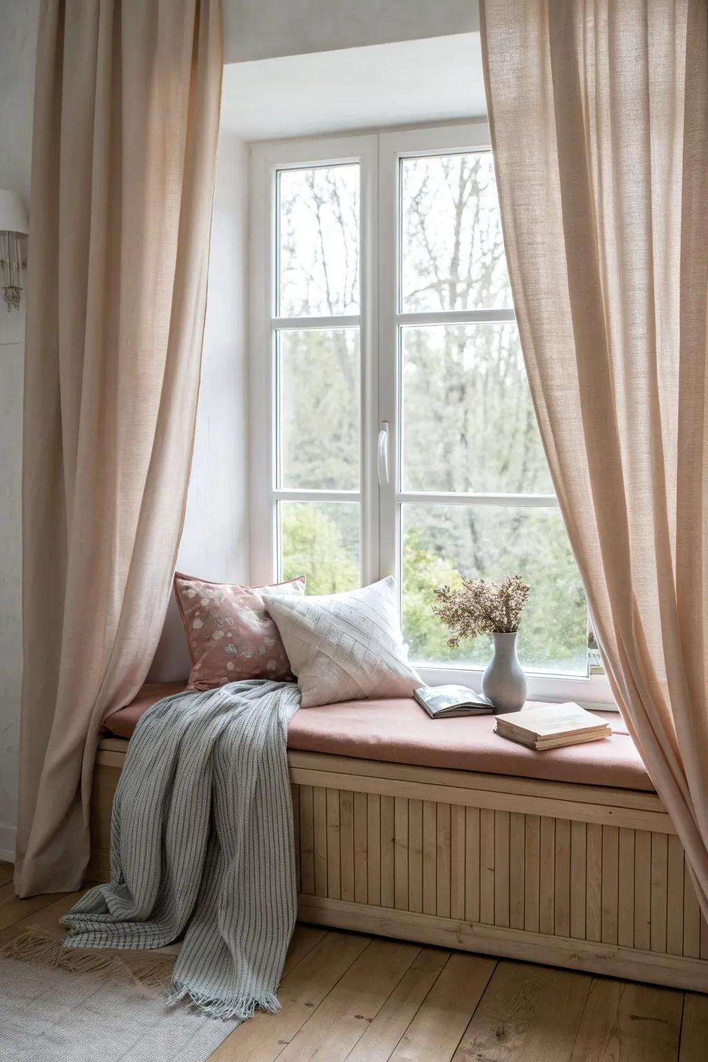 Pastel curtains offer a gentle touch of color for a soothing window seat atmosphere.