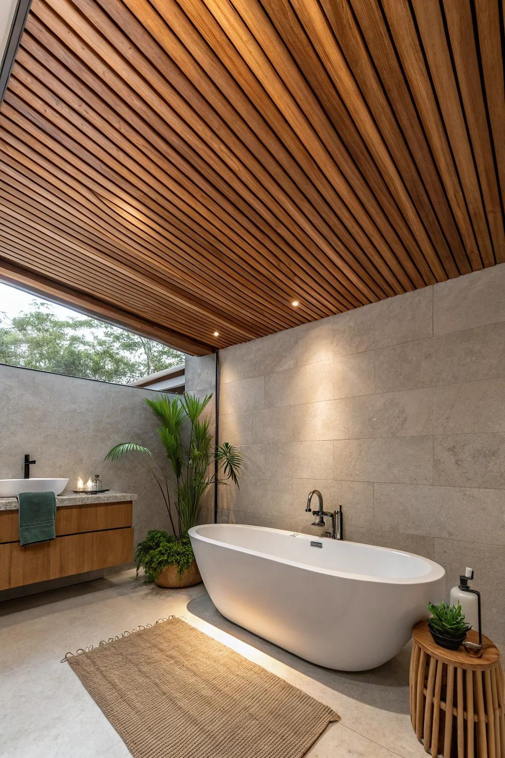 Turn your bathroom into a serene retreat with the natural beauty of a wood slat ceiling.