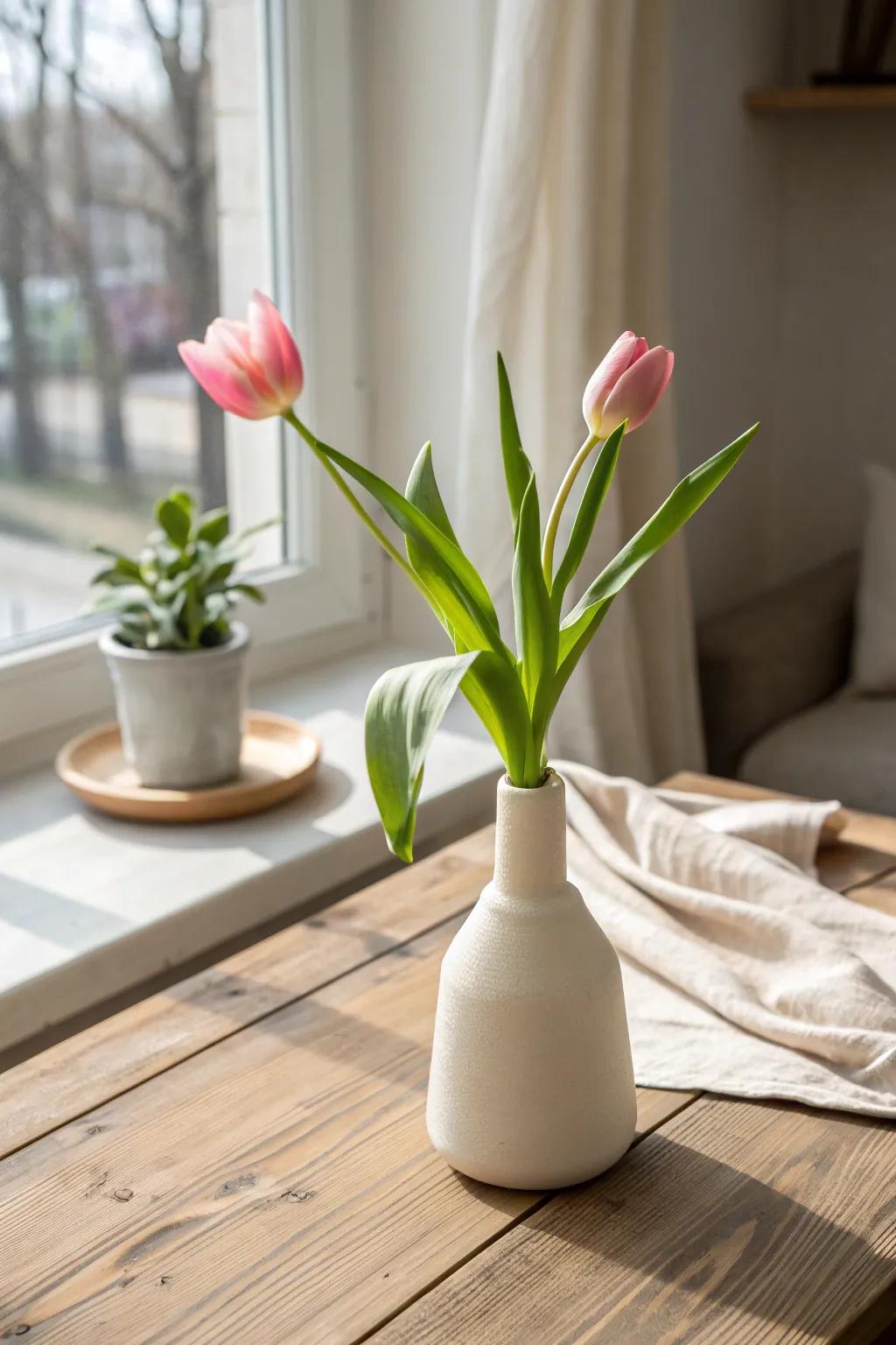 A minimalist single-flower display captures elegance in its purest form.