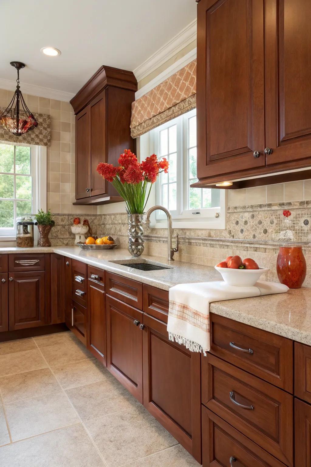 Beige tiles offer a subtle harmony that complements the rich tones of cherry wood.