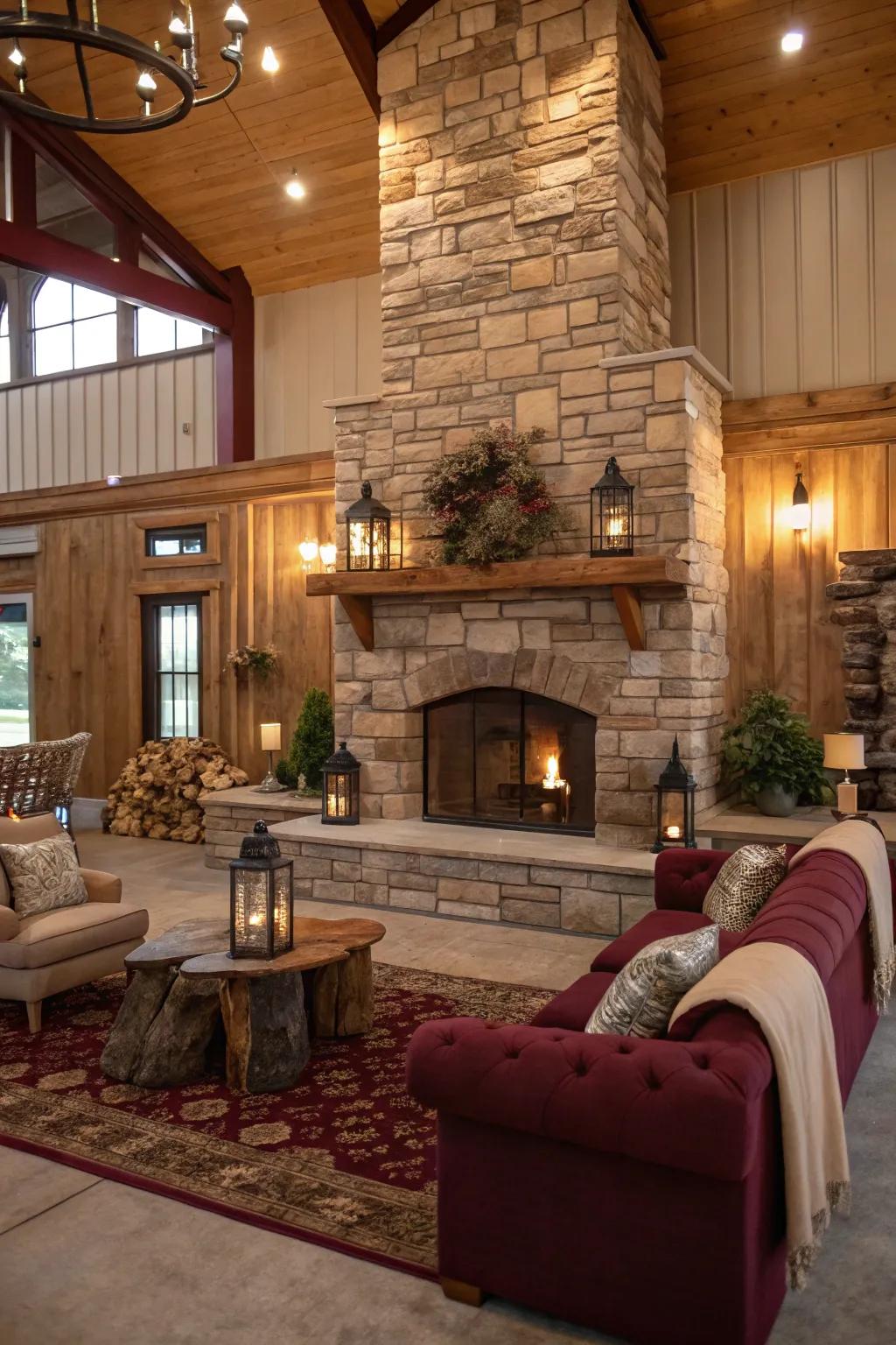 Gather around a cozy stone fireplace that invites warmth and relaxation into your barndominium.