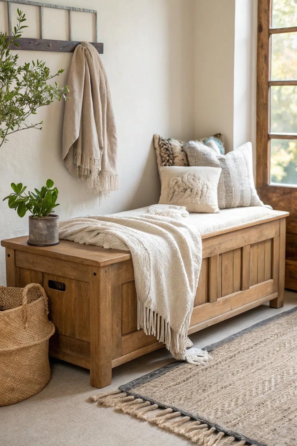 Embrace rustic charm with a storage bench that feels like a countryside retreat.