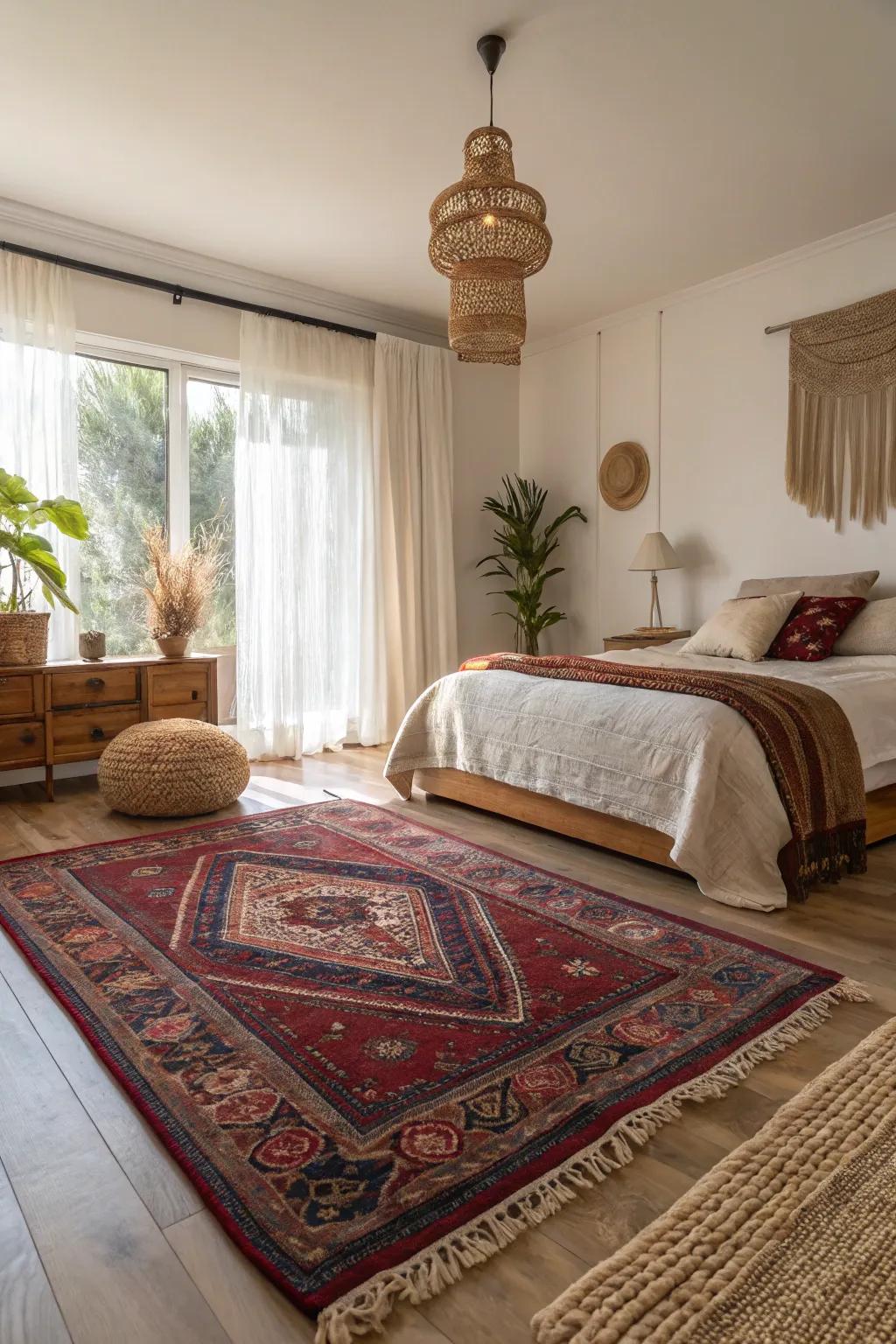 Embrace timeless elegance with a Persian rug, adding vintage charm to your bedroom decor. #VintageRug #BedroomInspiration #TimelessDesign