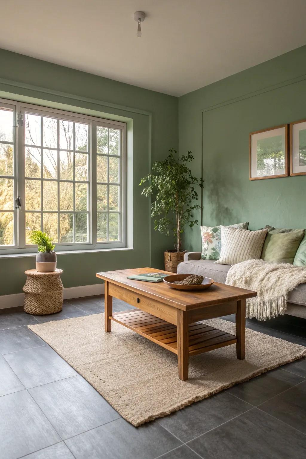 Sage green and gray floors together evoke a sense of calm and connection to nature.