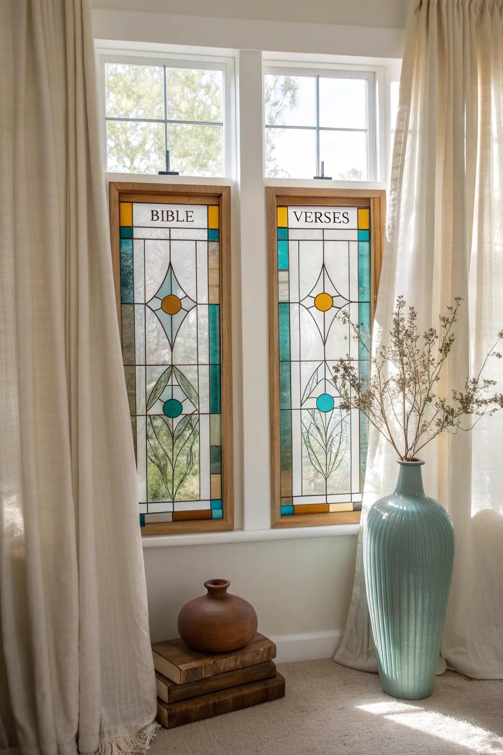 Let the light and colors dance with stained glass verse panels. #StainedGlassArt #WindowDecor