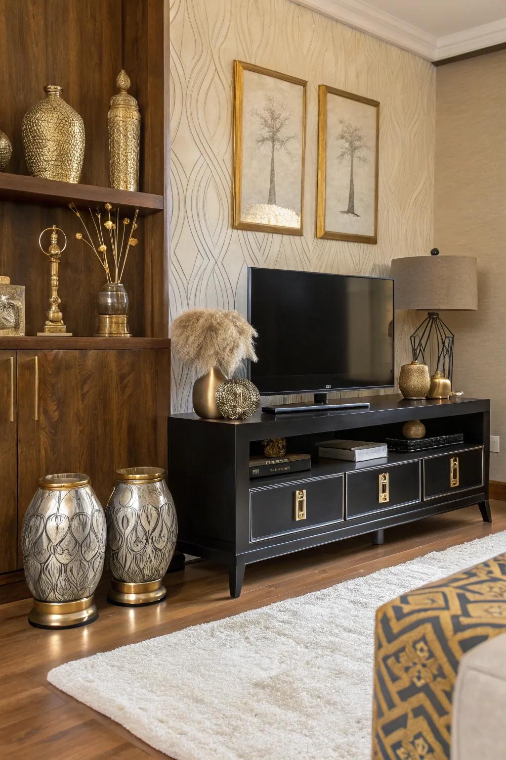 Add a hint of luxury with metallic accents on your TV stand.