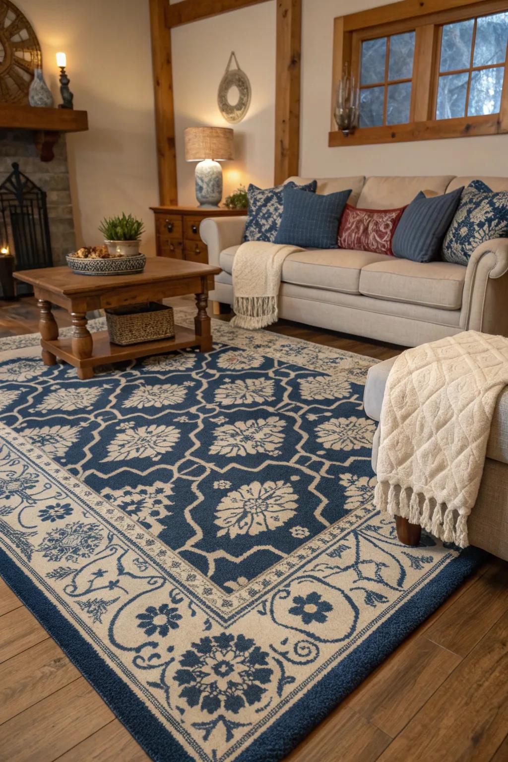 Patterned rugs in blue and cream weave elegance and texture into your living space. 🏡 #RugInspiration #LivingRoomIdeas
