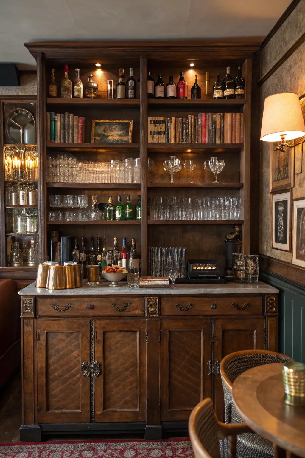 Embrace the charm of yesteryears with vintage barware that adds character to your bookshelf bar.