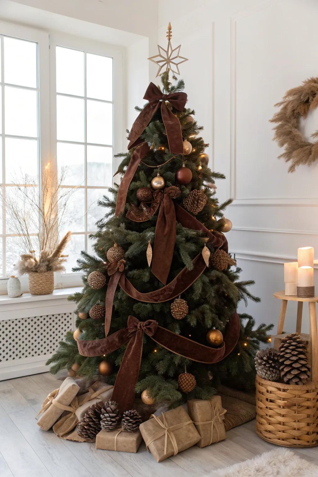 Velvet ribbons drape elegantly, adding a rich, luxurious touch to your holiday decor.