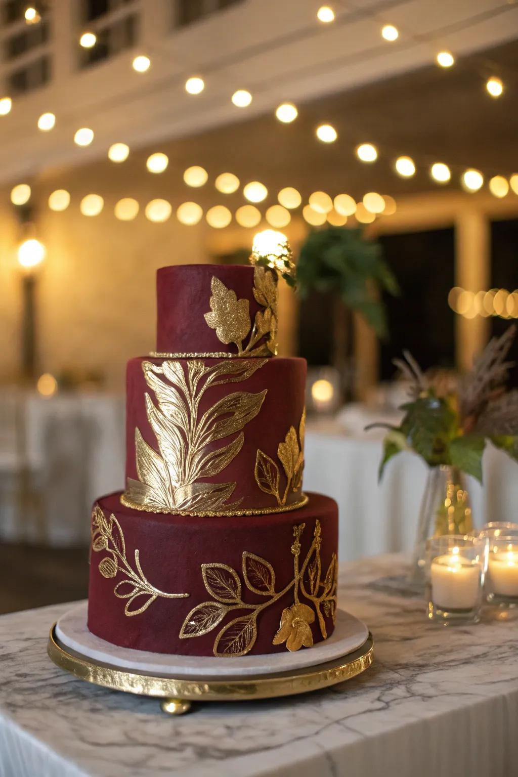 Swirls of burgundy and gold marble effect make this cake a true masterpiece.