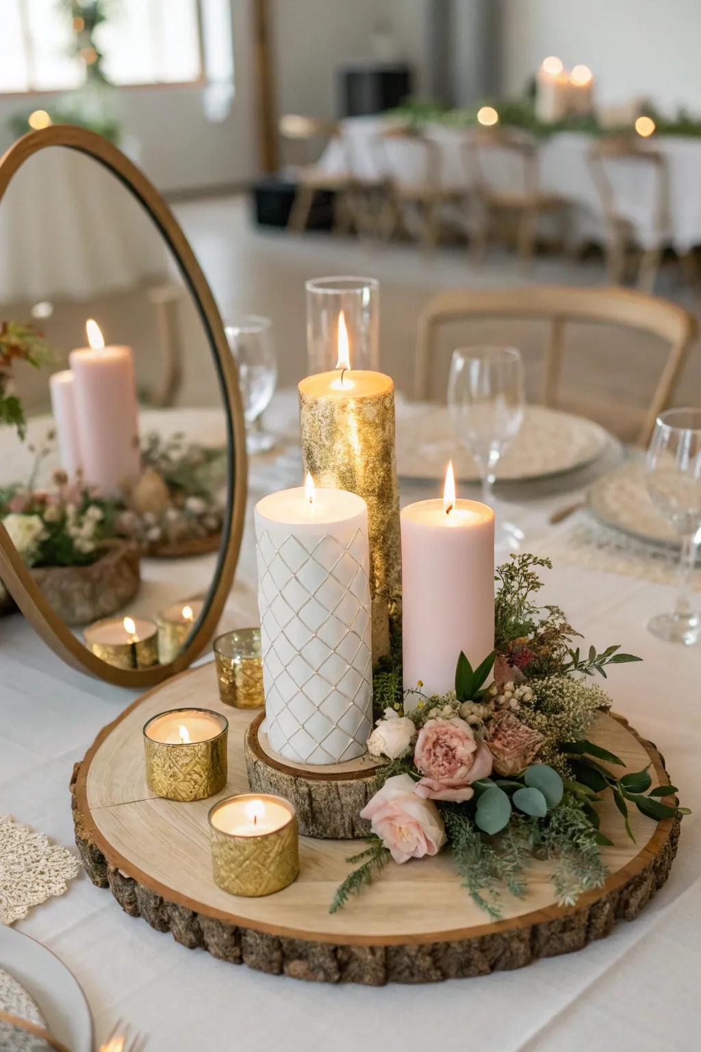 Mirrored surfaces double the glow of candles, enhancing their romantic allure.