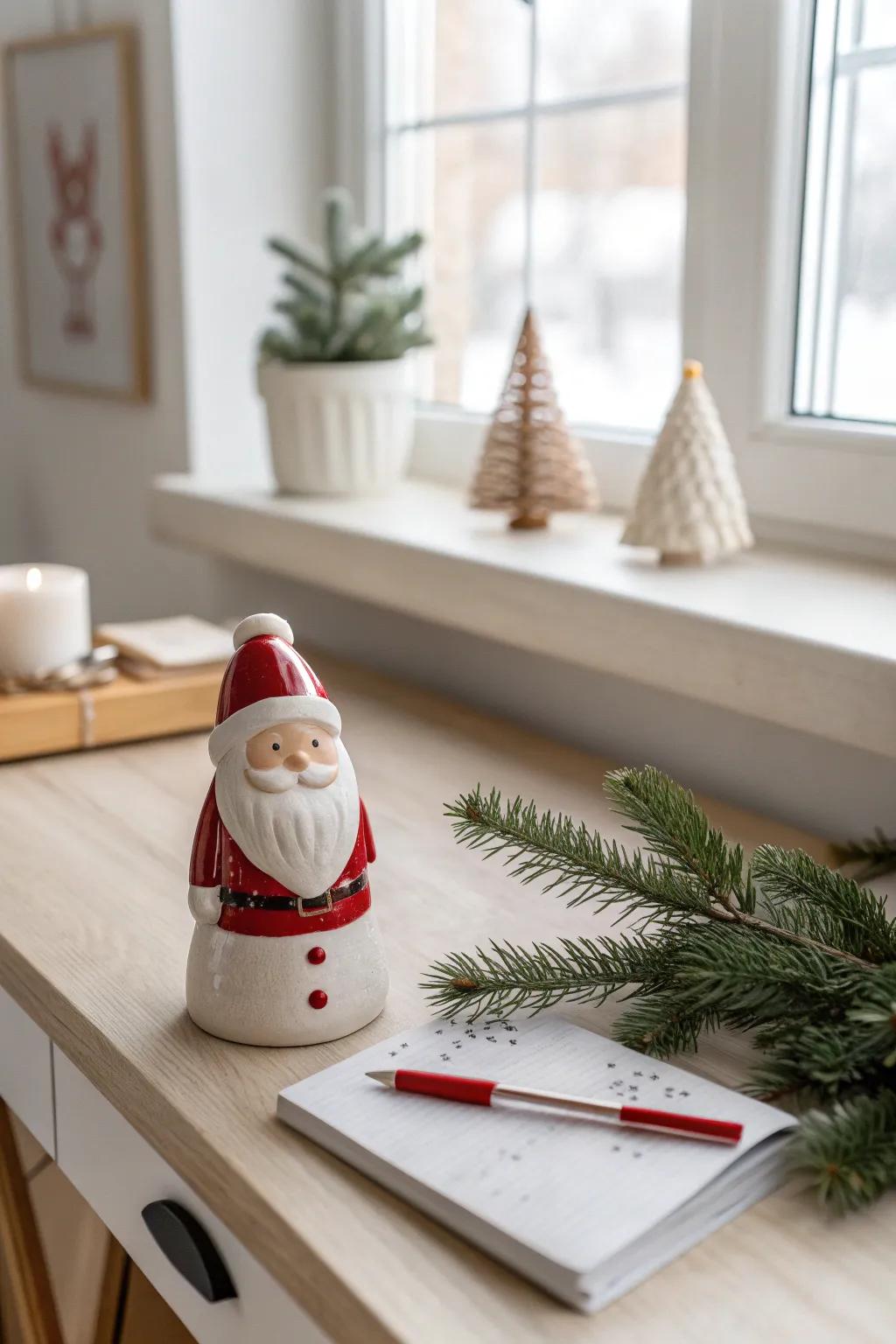 Whimsical figurines bring a touch of holiday magic to your desk.