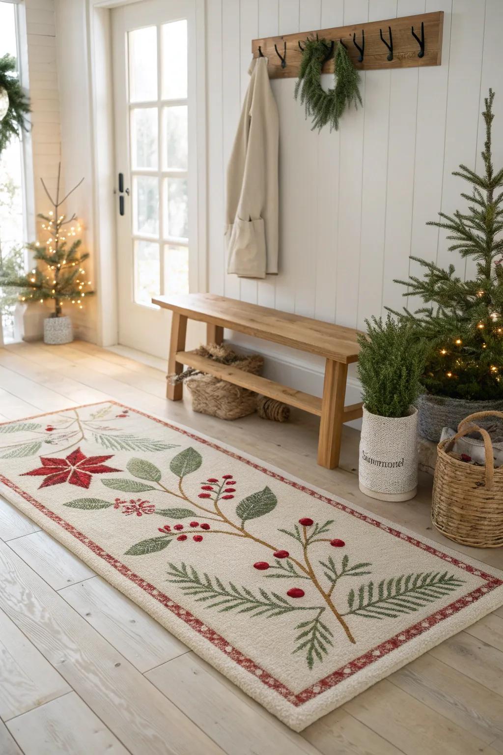 A festive rug welcomes guests with subtle holiday cheer right at the doorstep.