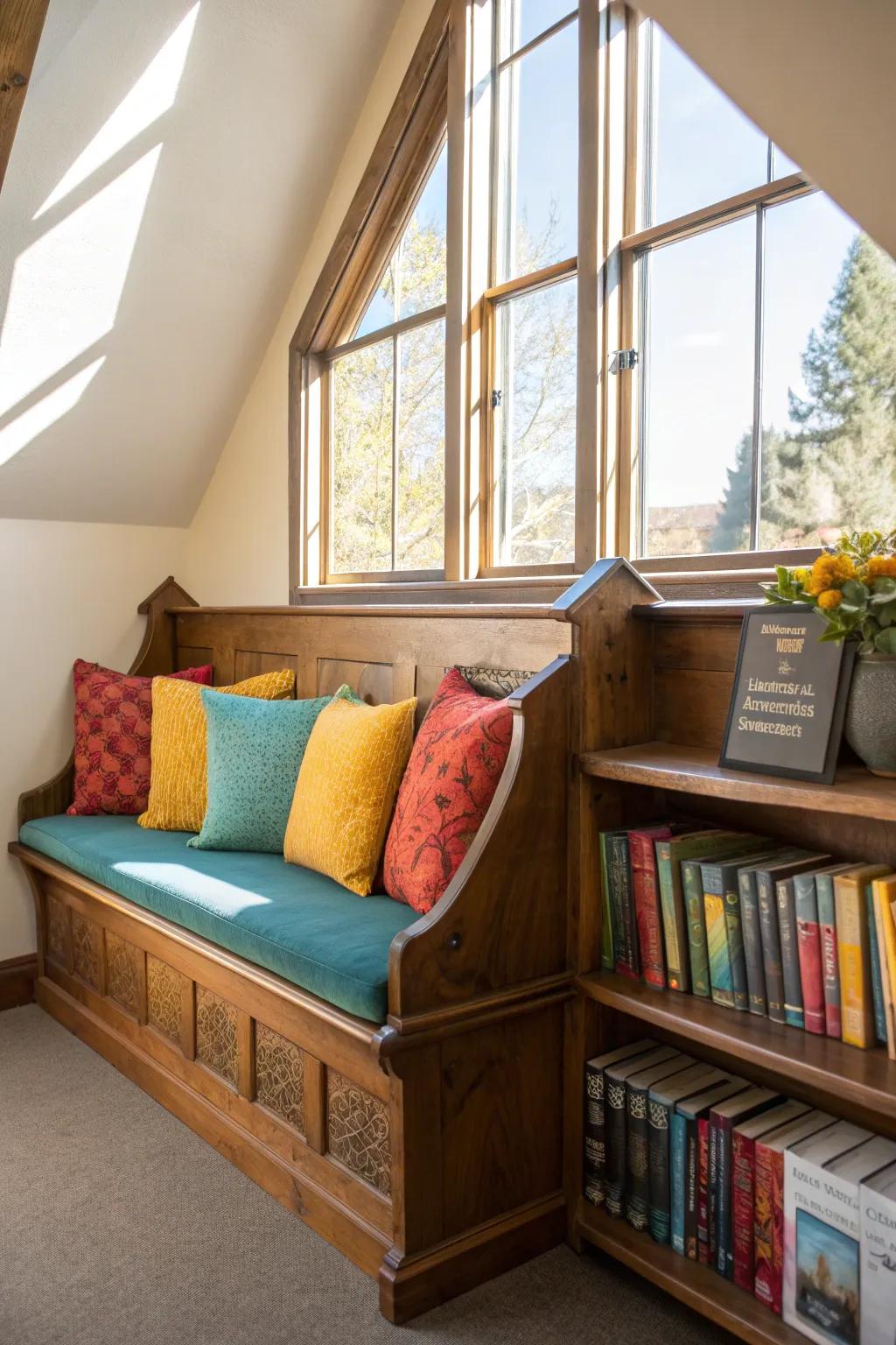 Curl up with a good book in a charming reading nook featuring a cozy church pew.