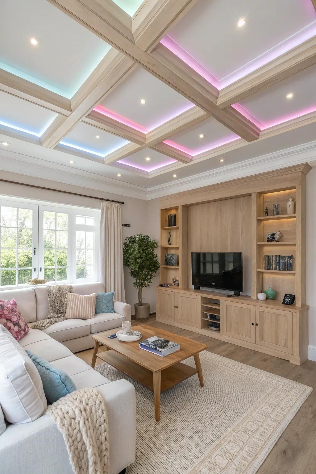 Color-changing LEDs offer a dynamic and customizable lighting experience. 🎨 #CofferedCeiling #LEDLights #LightingDesign