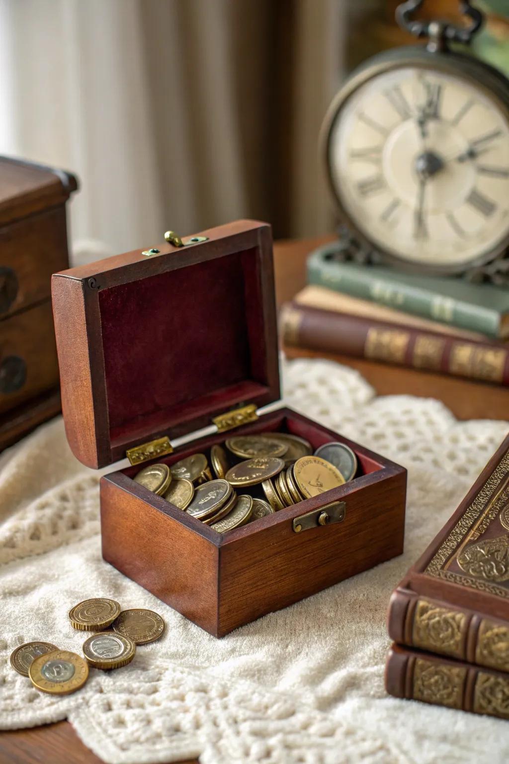Give new life to vintage finds by repurposing a jewelry box for your coin collection.