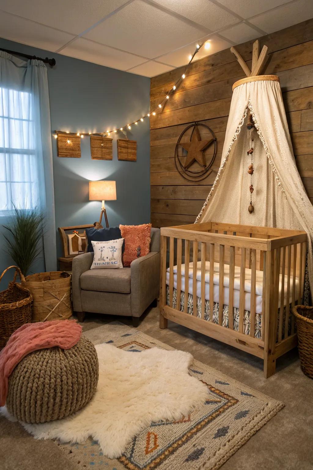 Natural wood furniture ensures a warm and cohesive cowboy nursery ambiance.