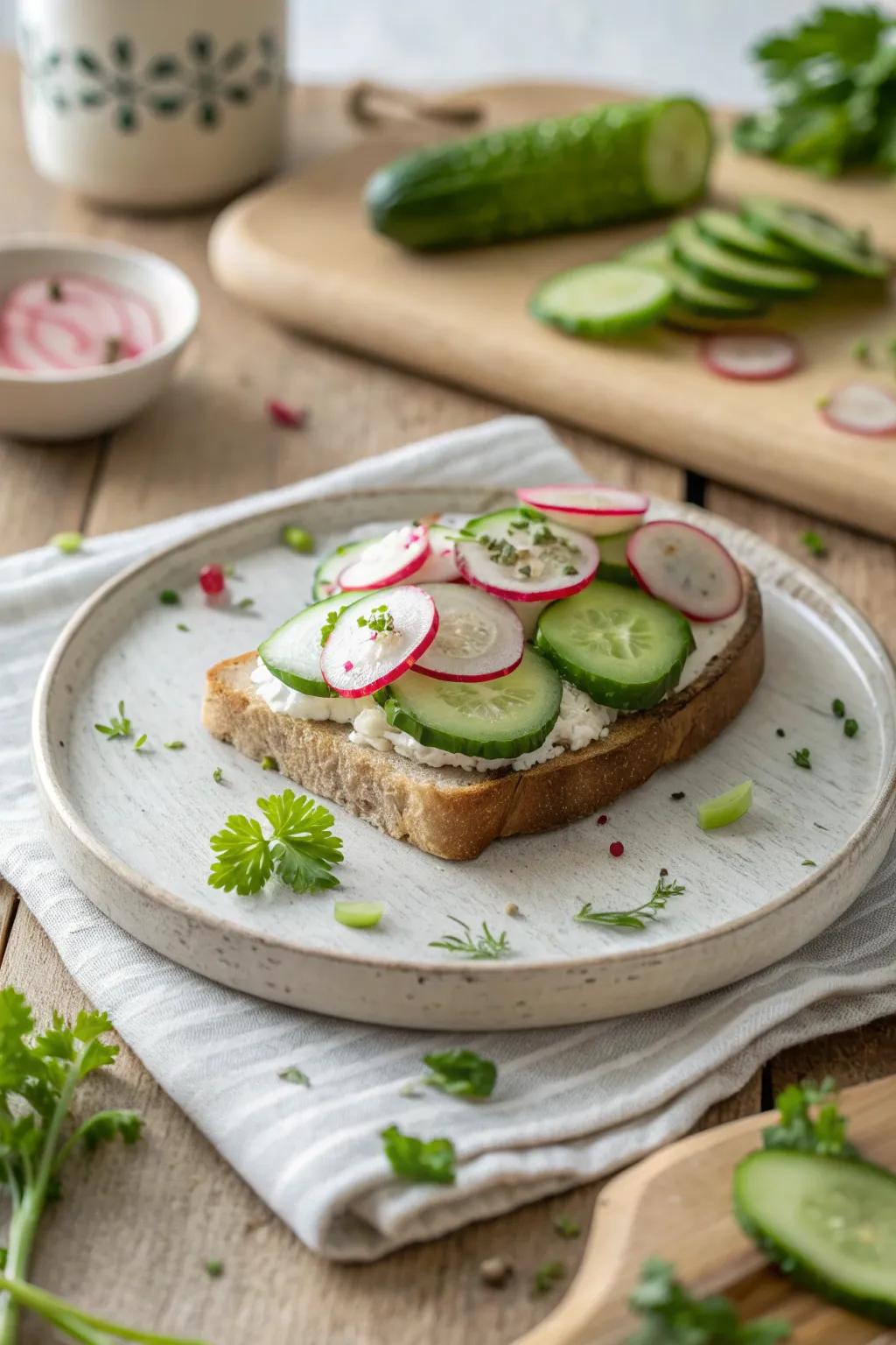 Add a colorful crunch with radish and cucumber sandwiches.