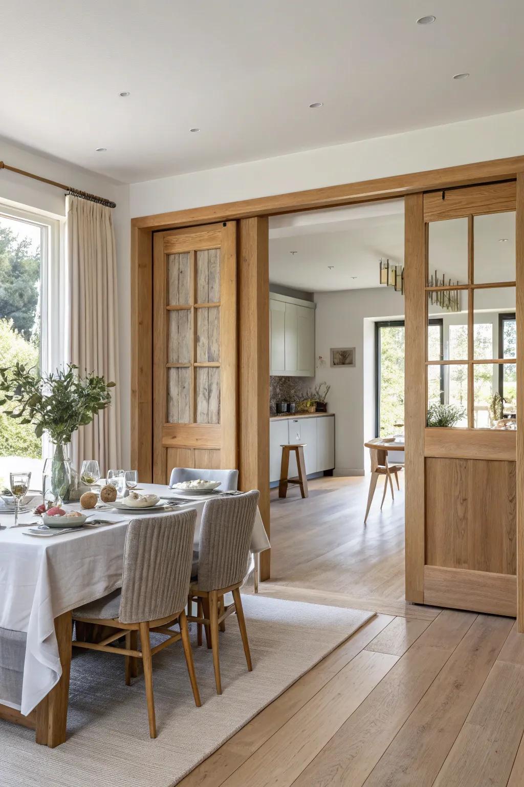 Discreetly enhance your dining room with pocket doors that maximize space.