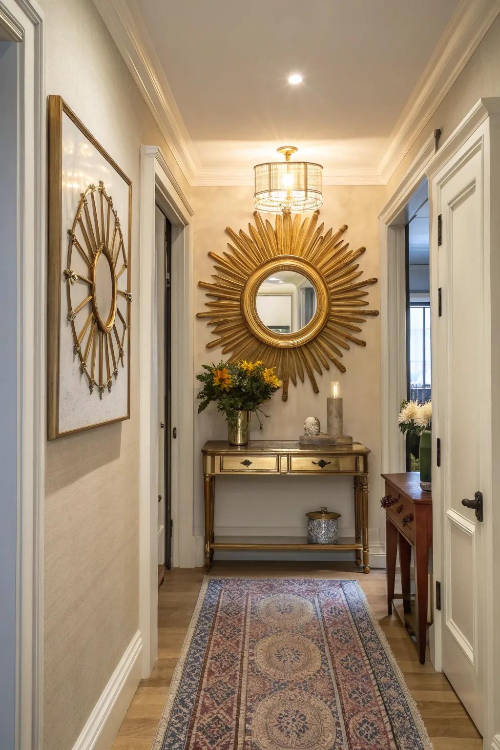 A sunburst mirror adds radiant elegance and flair to any hallway.