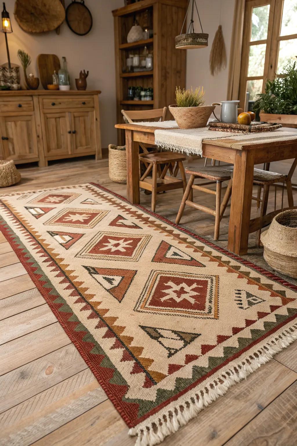 Geometric patterns bring a touch of modernity to your farmhouse dining room, striking a perfect balance.