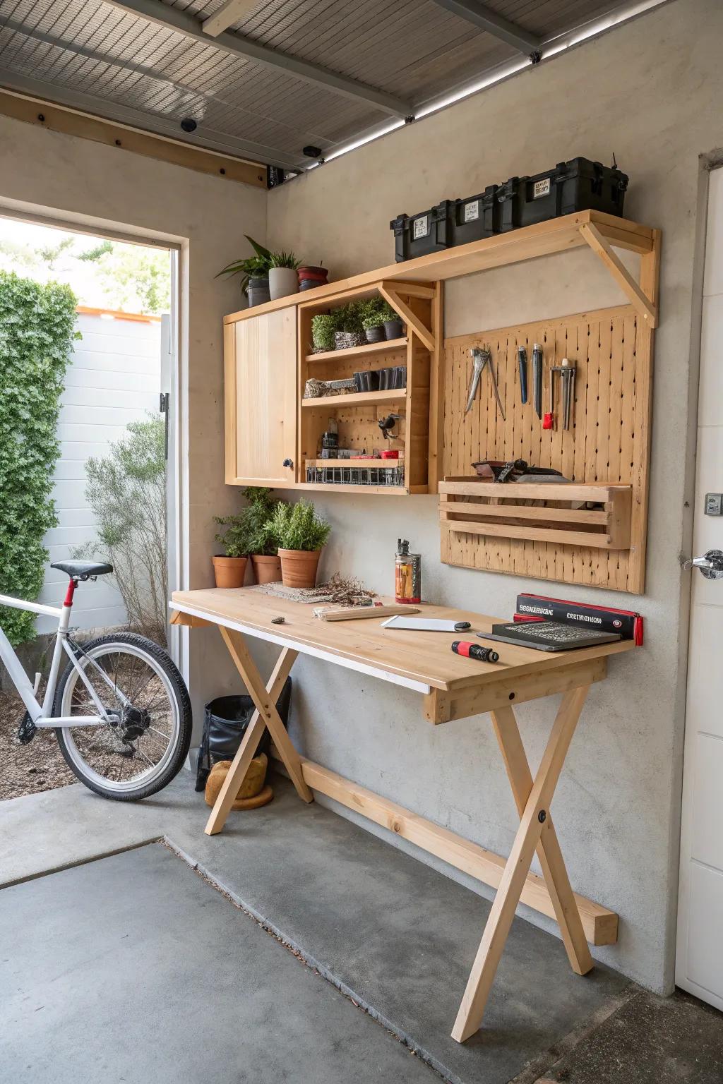 Unleash your creativity with a handy fold-down workbench that disappears when not in use.