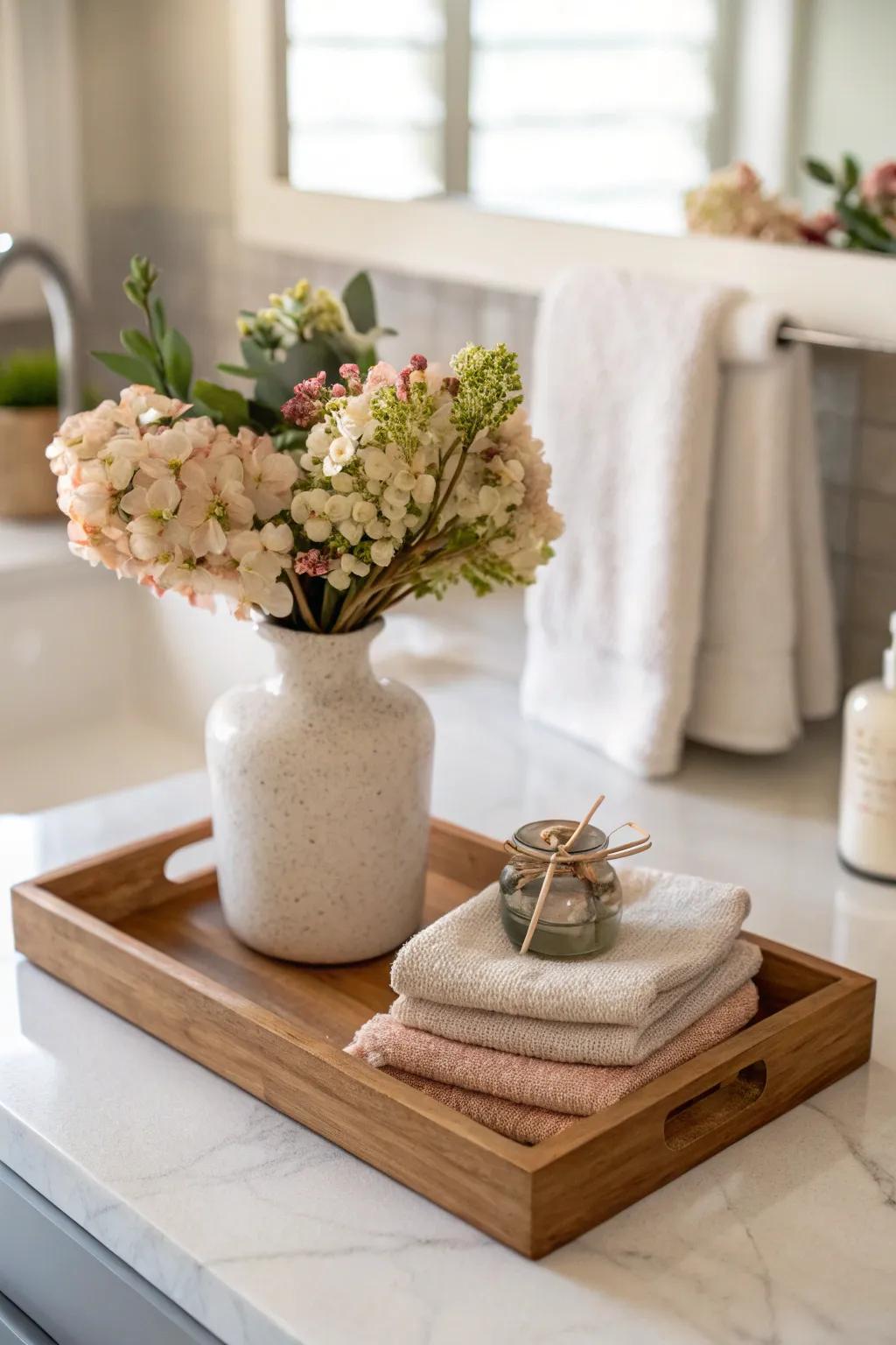 Fresh blooms bring life and color to your guest bathroom. #FloralBeauty #FreshVibes