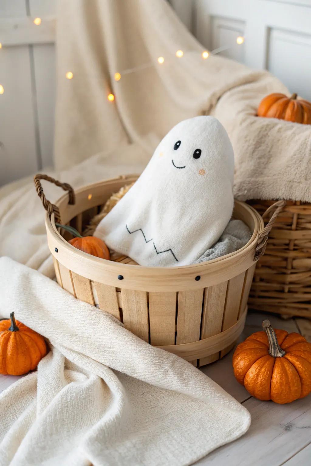 Add a touch of whimsy with a plush ghost or pumpkin friend for Halloween cuddles.