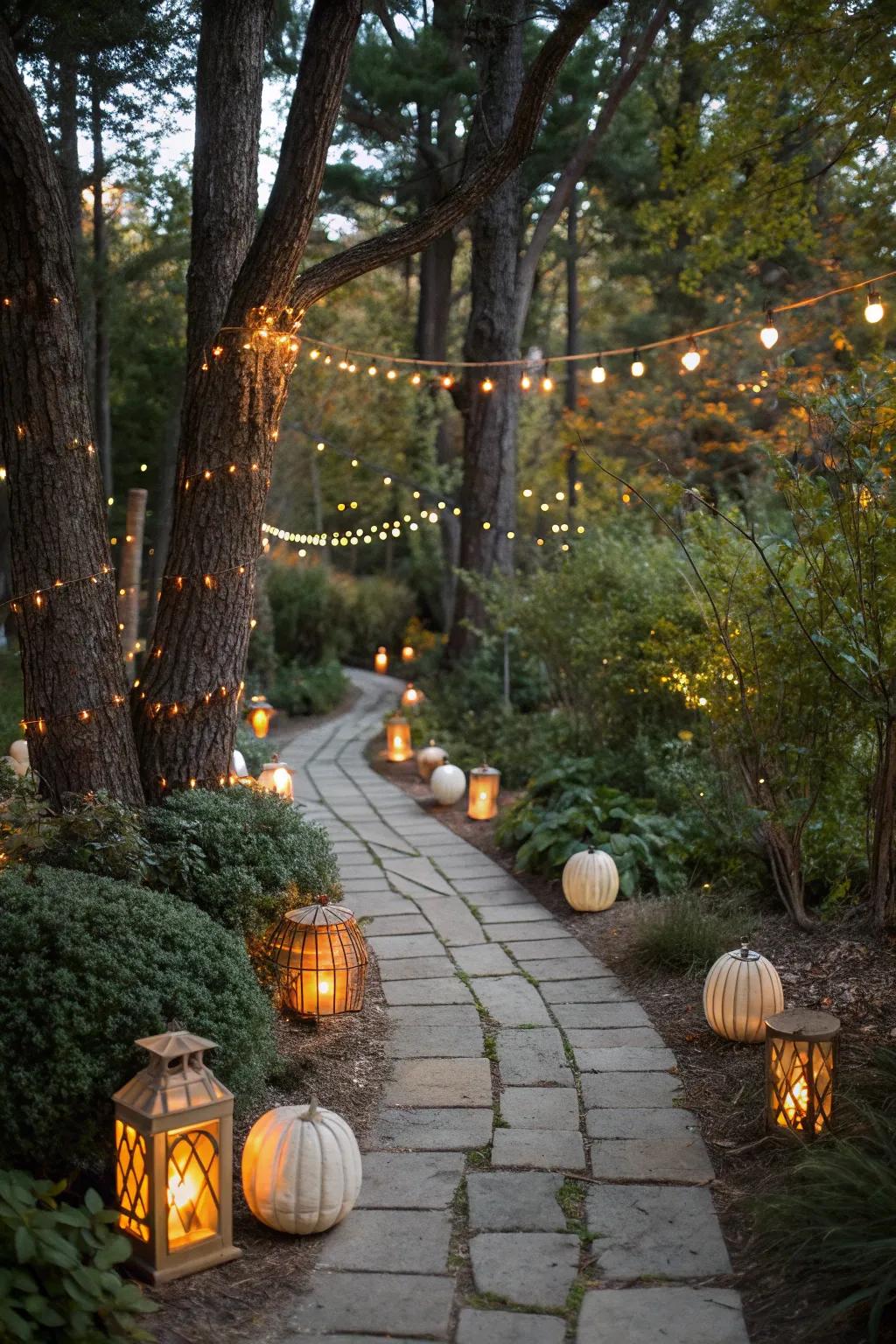 Add a touch of enchantment to your garden with twinkling Halloween lights.