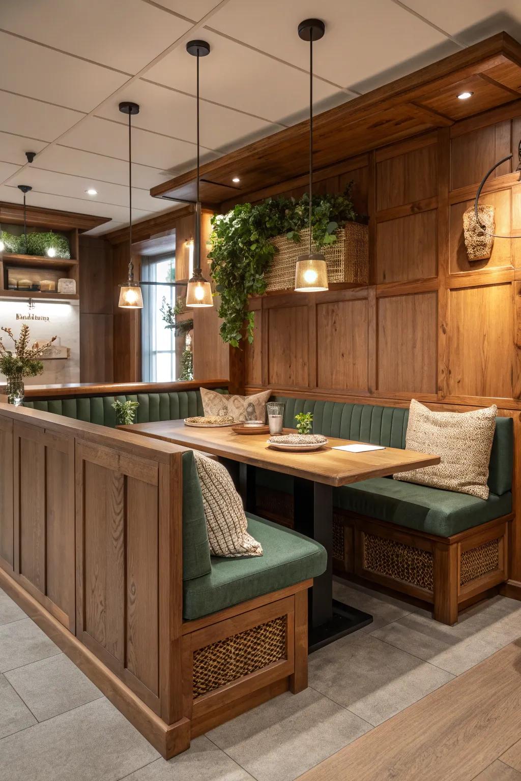 Wooden elements create a warm, earthy feel in kitchen booths.