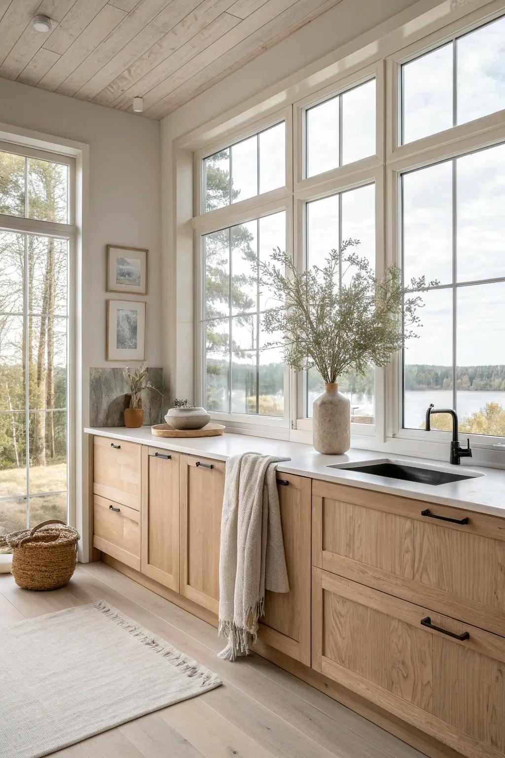 Bring the outdoors in with large windows that enhance natural light in your kitchen.