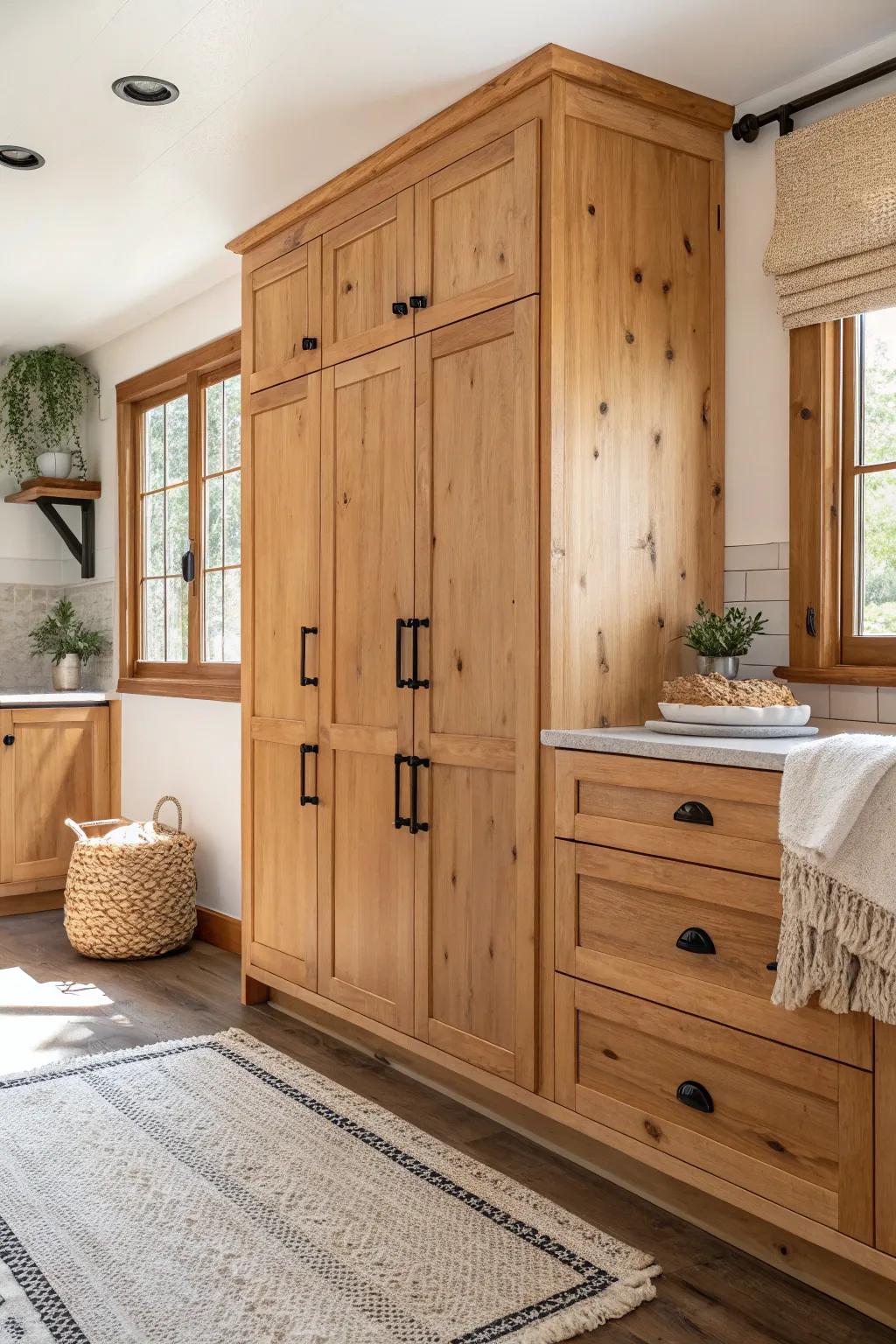 Add a bold statement to your rustic knotty pine kitchen with sleek black accents.