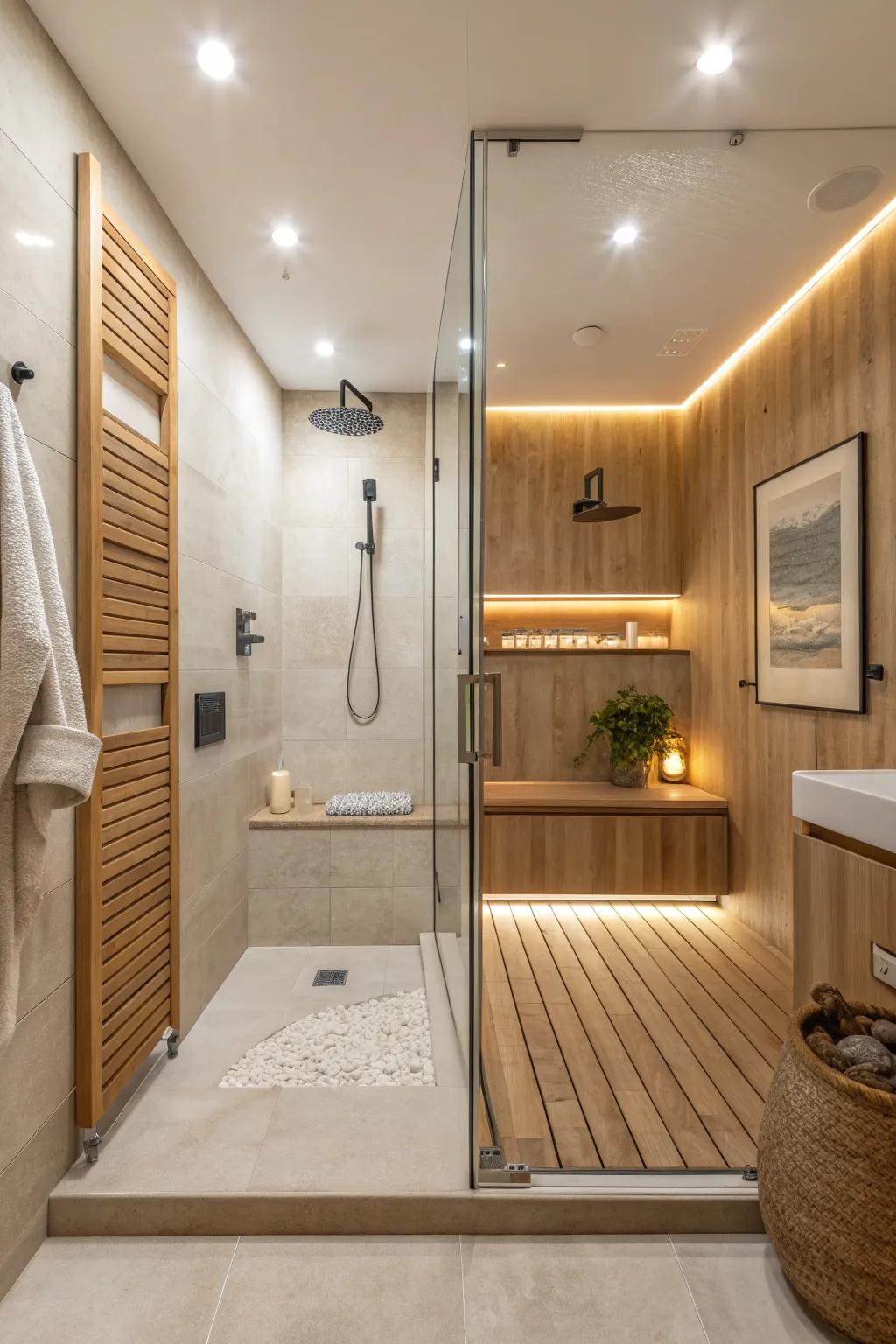 Achieve a clean, modern look with recessed LED spotlights that blend seamlessly into your shower.