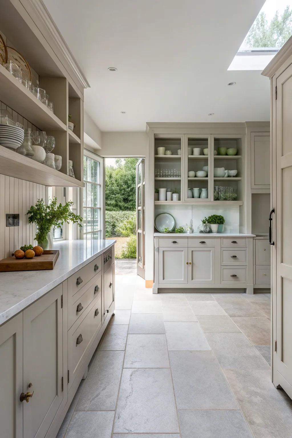 Open shelving paired with light grey floors creates a spacious and inviting kitchen environment.