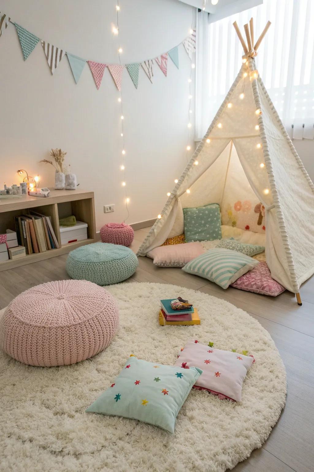 Cozy textiles create a warm, inviting playroom perfect for relaxation and fun.