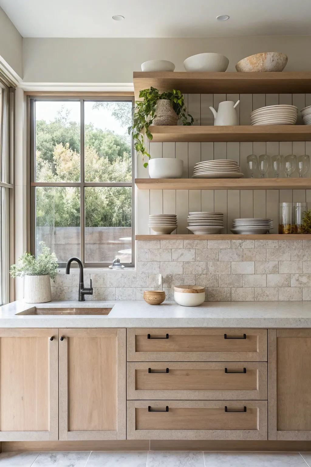 Open shelving against a neutral backdrop creates a welcoming and airy kitchen atmosphere.