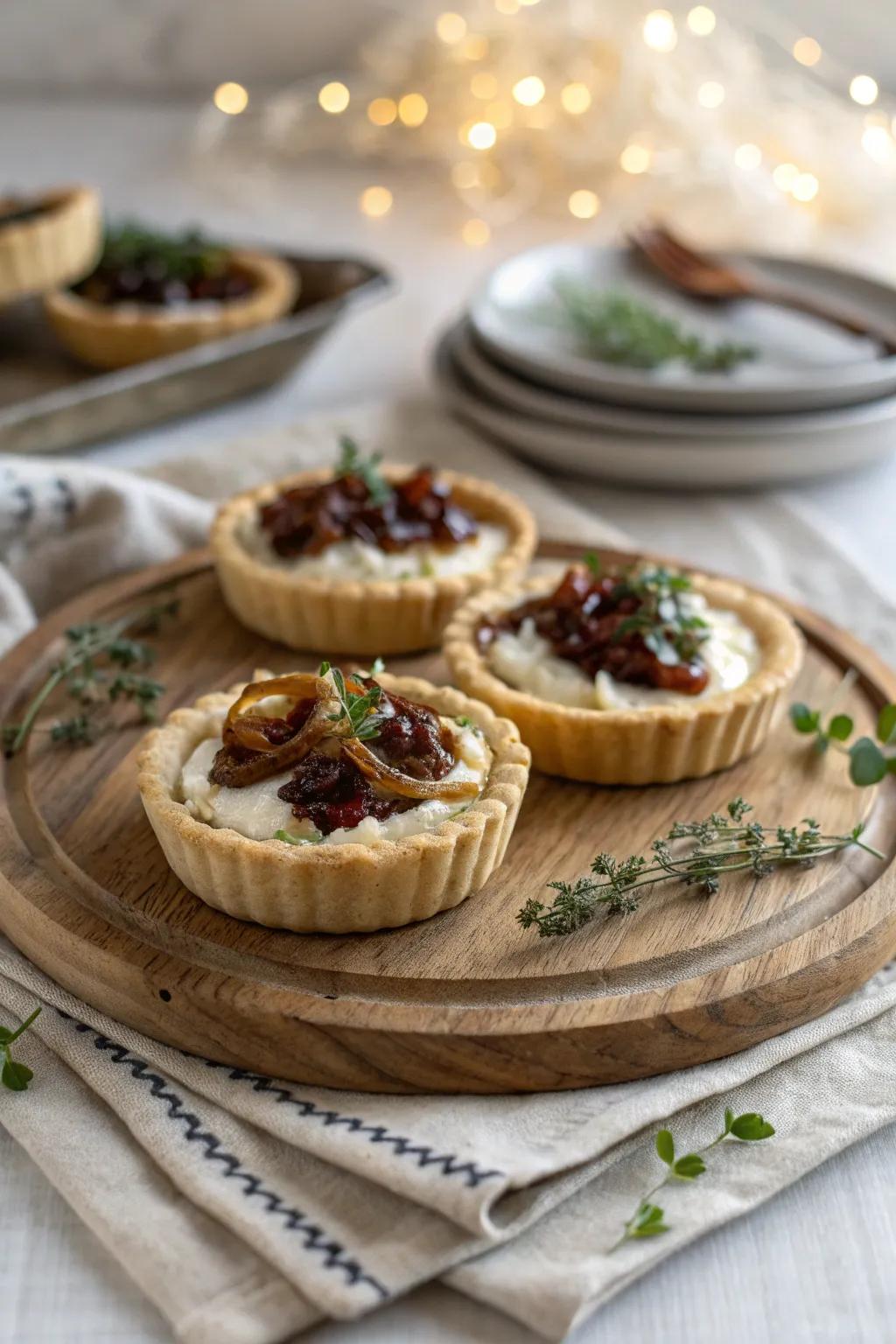 Savor the rich flavors of savory goat cheese tartlets, a true crowd-pleaser.