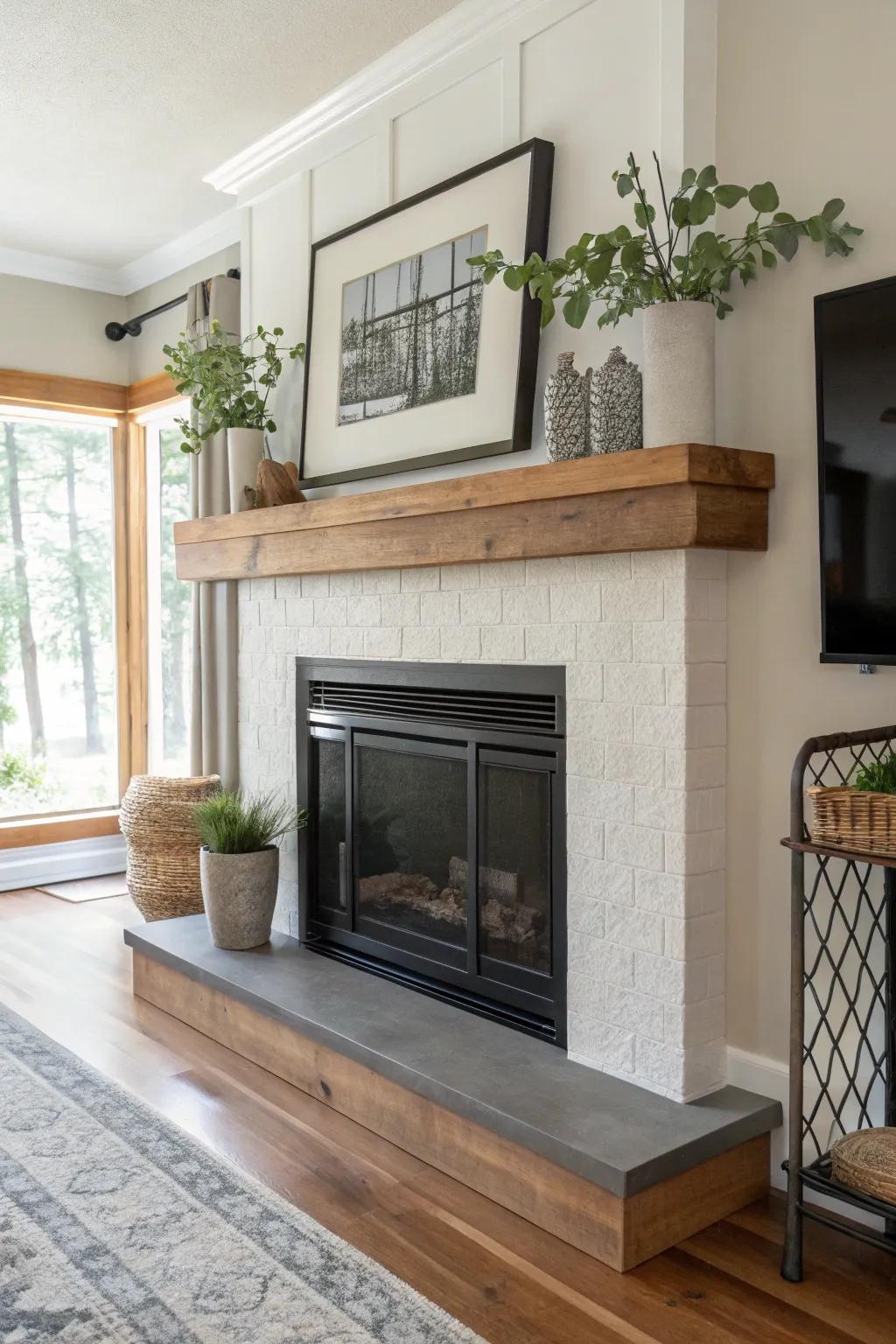 Floating metal mantels blend functionality with minimalist elegance.