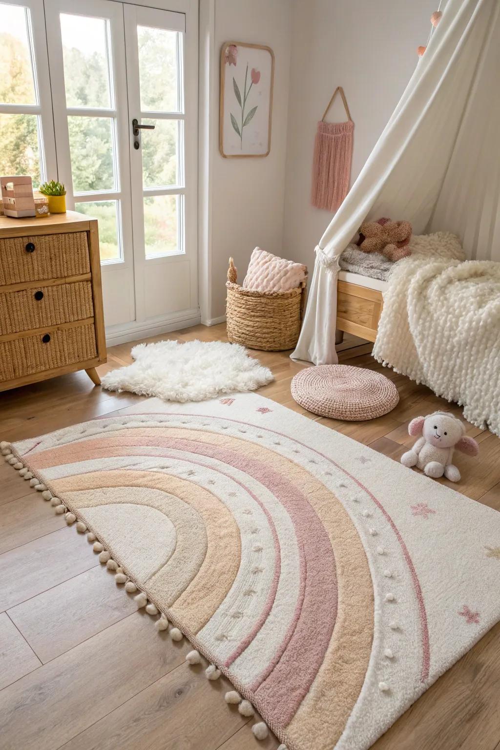 Create visual interest with layered rugs that define cozy corners in your nursery.
