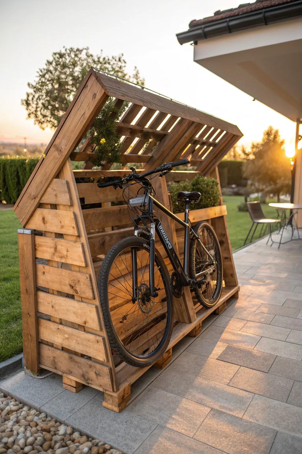 Get crafty with pallet storage that adds a rustic touch to your outdoor bike organization.