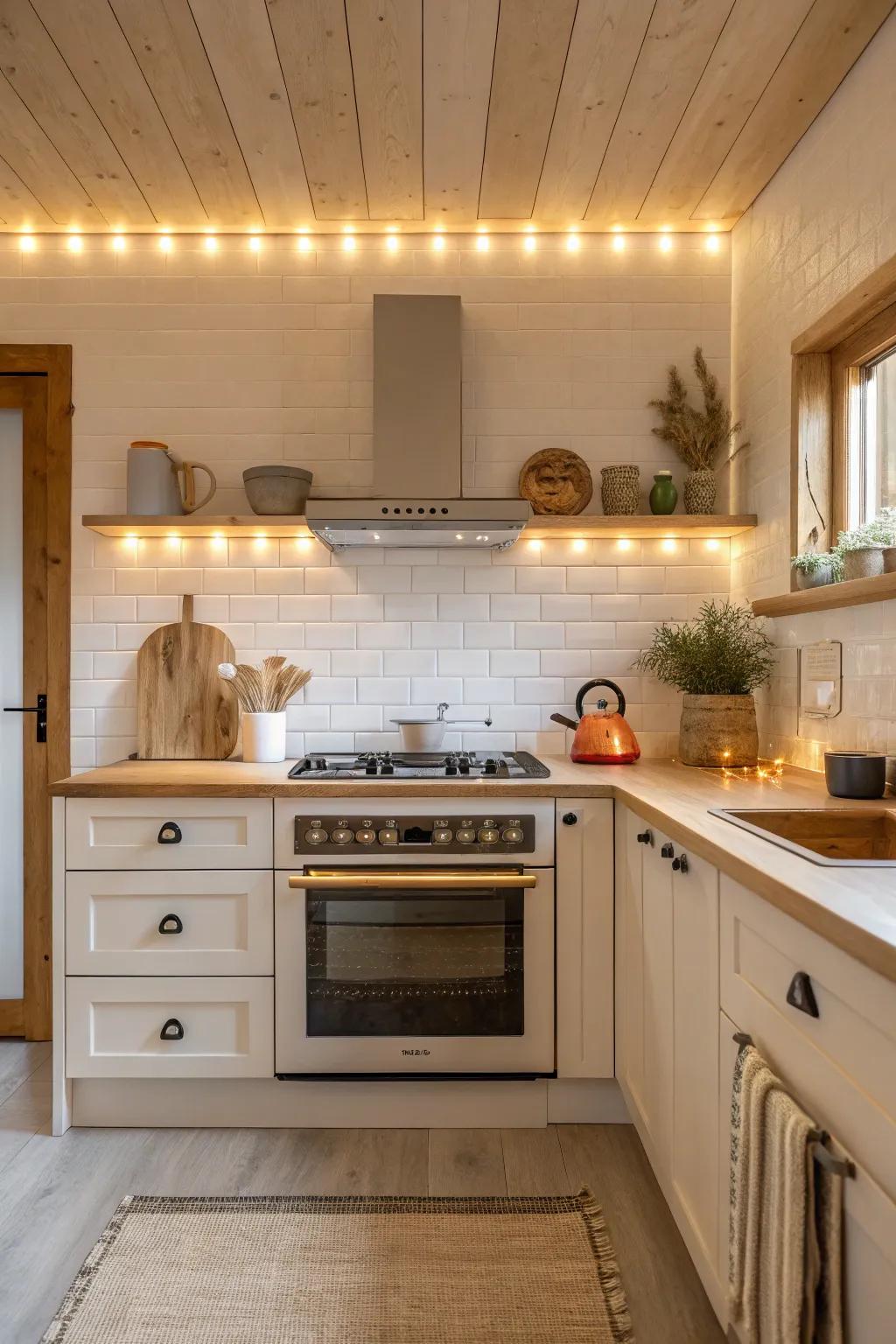 Achieve a minimalist and energy-efficient kitchen design with LED strip lighting over your stove.