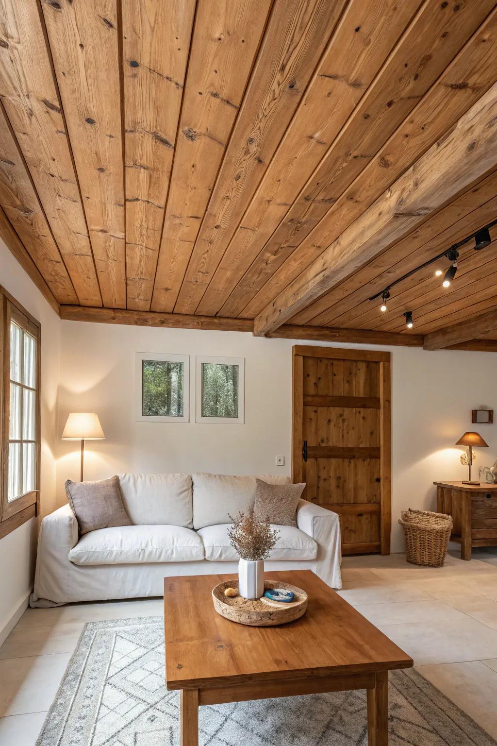 Bring rustic charm indoors with a wood panel-inspired ceiling that invites warmth and comfort.