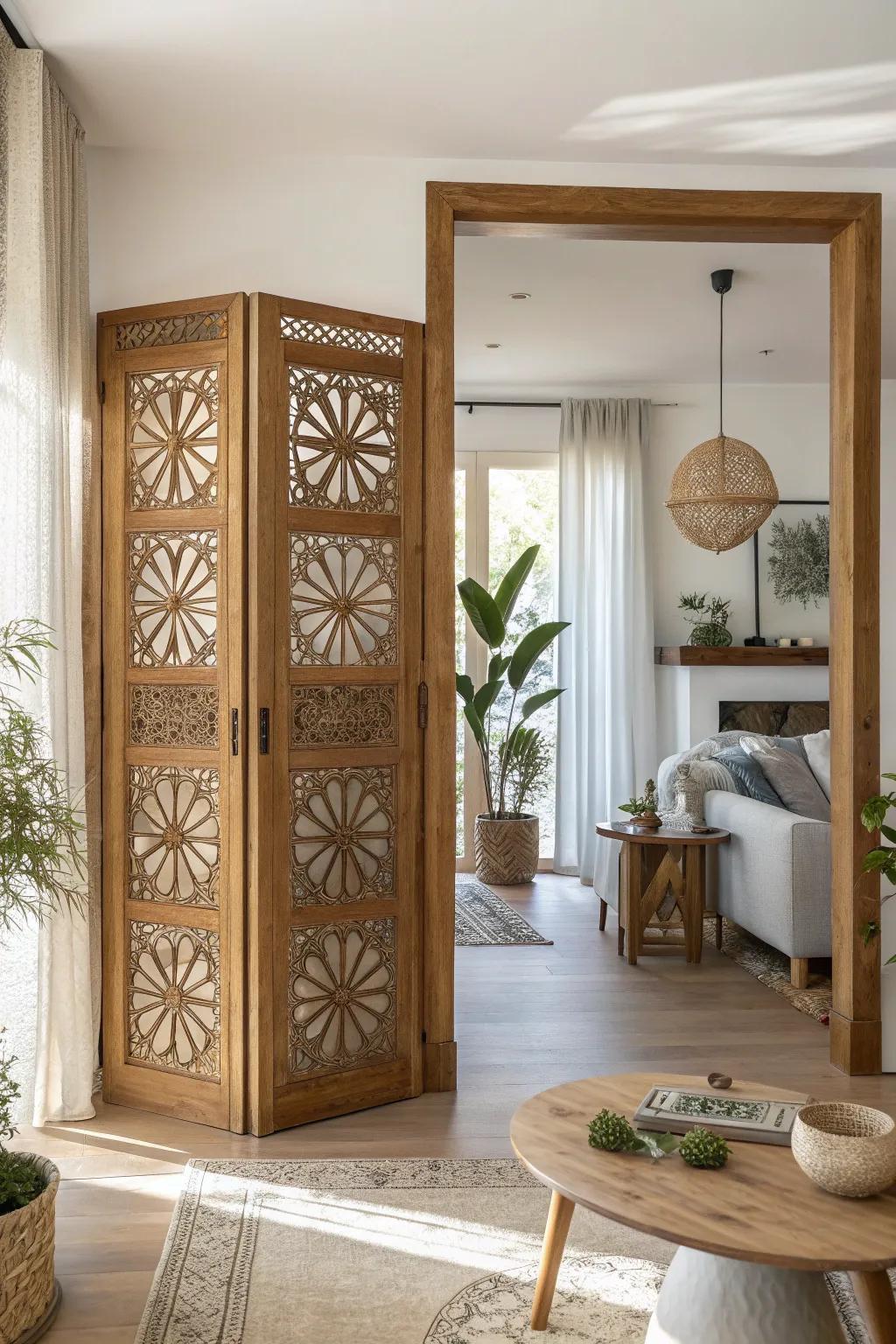 Make a statement with artistic partition doors that double as decor. #ArtInDesign #HomeDecor