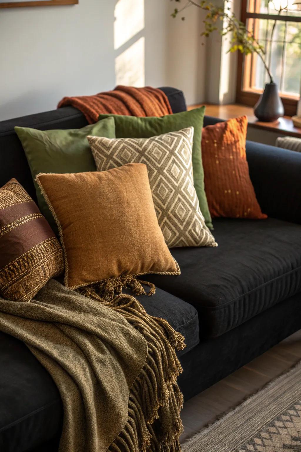 Embrace warmth and coziness with earthy-toned pillows that add a natural touch.