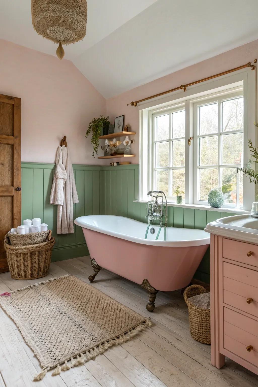 Add timeless elegance with vintage fixtures in a pink and green bathroom for charming appeal.
