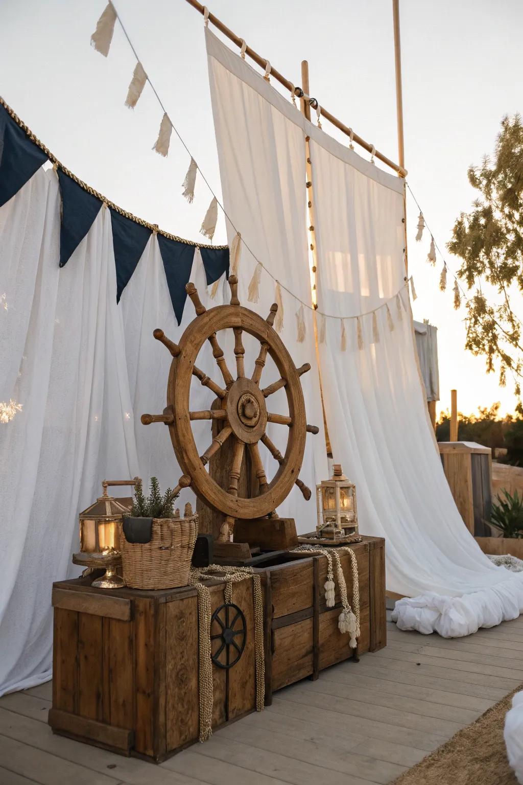 Steer your trunk or treat display to success with a classic ship's wheel as a focal point.
