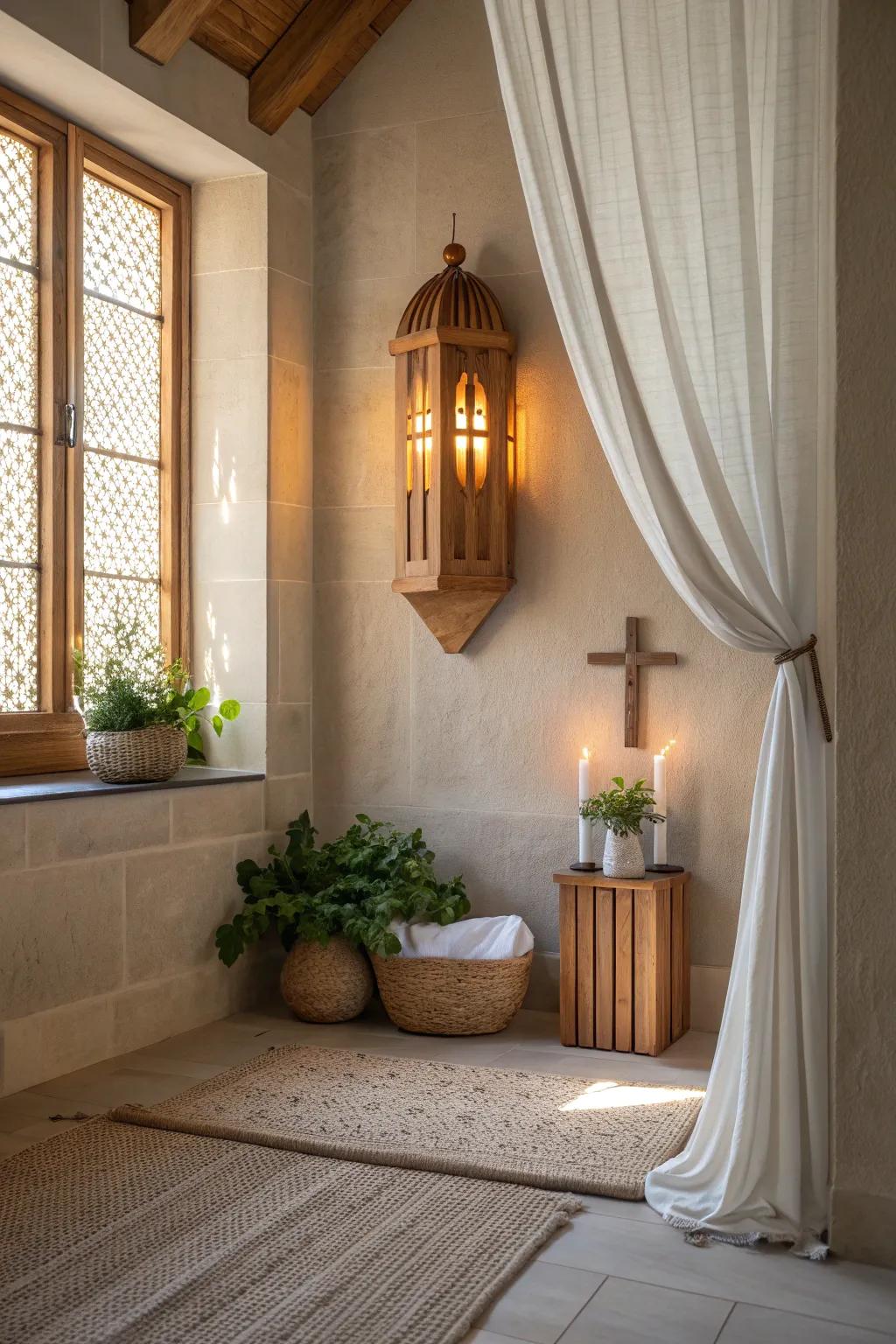Illuminate your prayer space with gentle lighting, creating a warm and inviting glow.