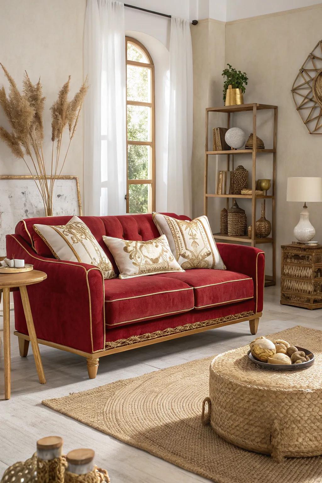 Neutral tones provide a calming balance to bold red and gold hues in your living room.